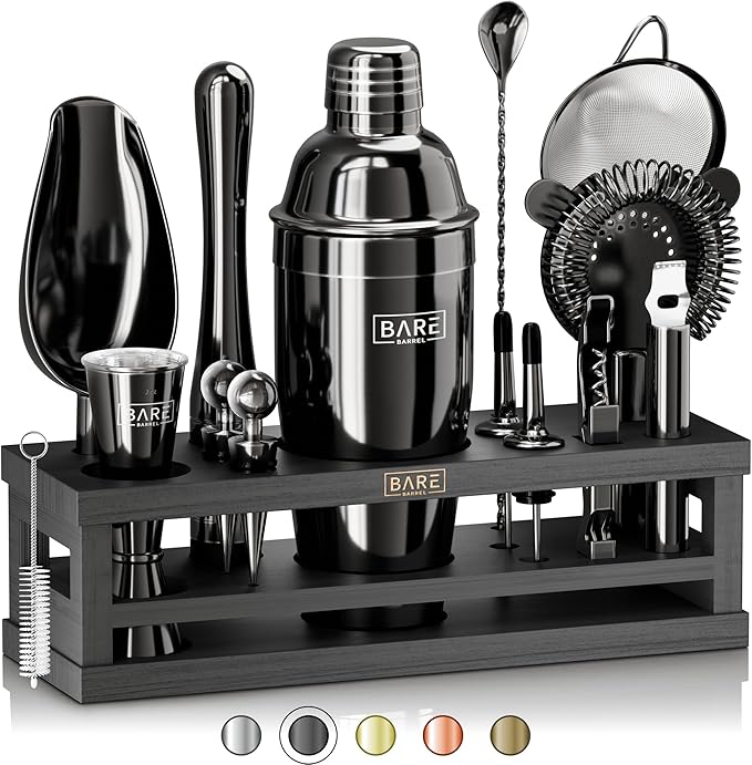 BARE BARREL® Mixology Bartender Kit Bar Set | 16-Piece Cocktail Shaker Set | Martini Barware Mixing Tools for Home Bartending | Incl. 35 Recipe Cards | Gift Set (24oz Cobbler Shaker, Jet Black/Black)