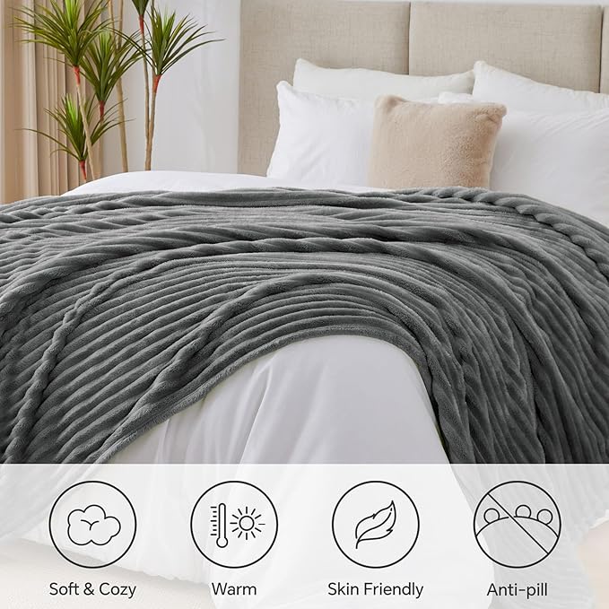 BEDELITE Blankets Queen Size for Bed, 300GSM Soft & Warm Fleece Blanket, Decorative and Giftable Striped Grey Blankets for Women, Men, 90"x90"