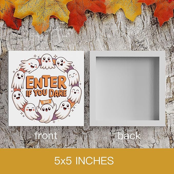 HTBIG Cute Ghost Halloweenwooden Box Decor Enter If You Dare Signs Office Decor Suitable family Computer Desk Dressing Table 5 x 5 Inch