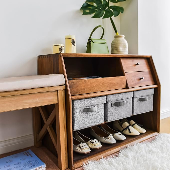 GRANNY SAYS Closet Storage Bins, Fabric Boxes with Lids, Shelf Baskets for Closet Organization, Stackable Storage Containers, Gray, Medium, 3-Pack