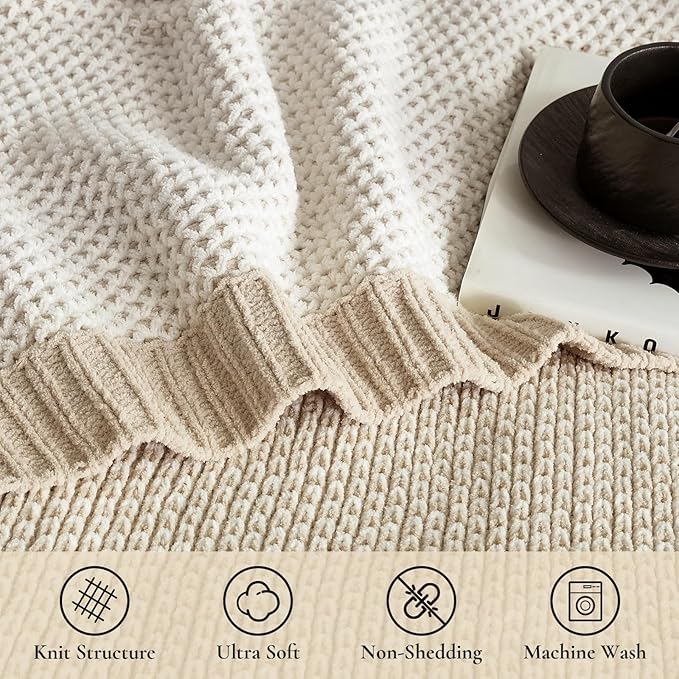 Amélie Home Honeycomb Knit Throw Blanket for Couch, Dual-Sided Soft Chenille Decorative Blankets for Sofa & Chair, 50"x60", Khaki & White