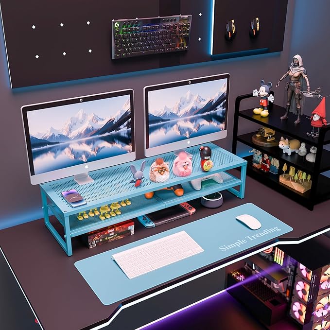 Simple Trending 2 Tier Metal Dual Monitor Stand Riser, Computer Office Desktop Organizer for 2 Monitors with 32"x10" Mouse Pad for Laptop, Printer, TV, Blue