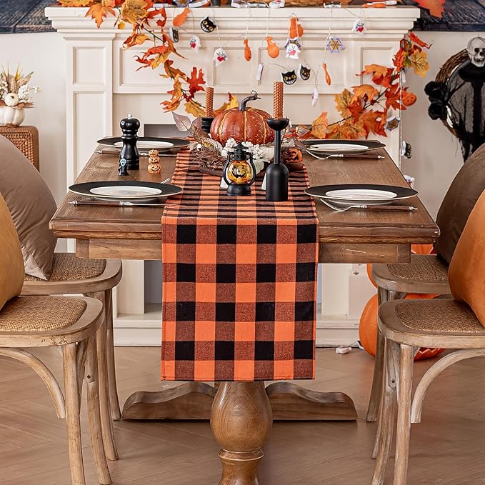 Softalker Fall Checkered Table Runner - Orange Buffalo Plaid Halloween Thanksgiving Stain Resistant Washable Table Decoration for Dining/Parties/Holiday Decor, 13 x 36 Inch