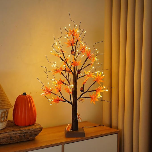 24” 72 LED Fall Decorations for Home, Birch Tree Lighted Fall Maple Leaves Artificial Tree LEDs Autumn and 3 Squirrel,Acorn Ornaments USB/3AA Battery Timer for Gifts Thanksgiving Indoor