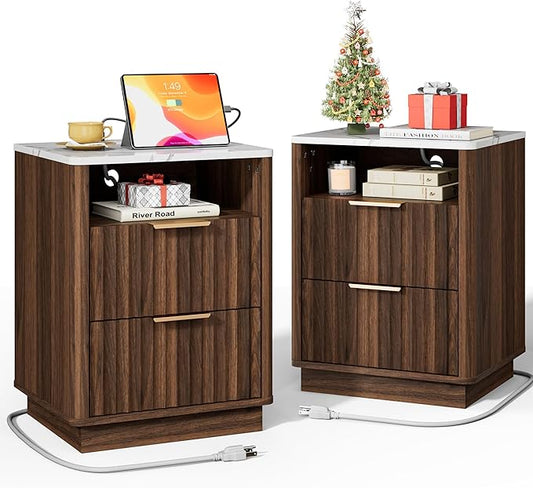 Fluted Nightstand Set of 2 with Charging Station, 18" Modern Night Stand with Faux Marble Top, 2 Drawers End Table with Storage, Bedside Table for Bedroom Living Room,Curved Profile(Walnut)