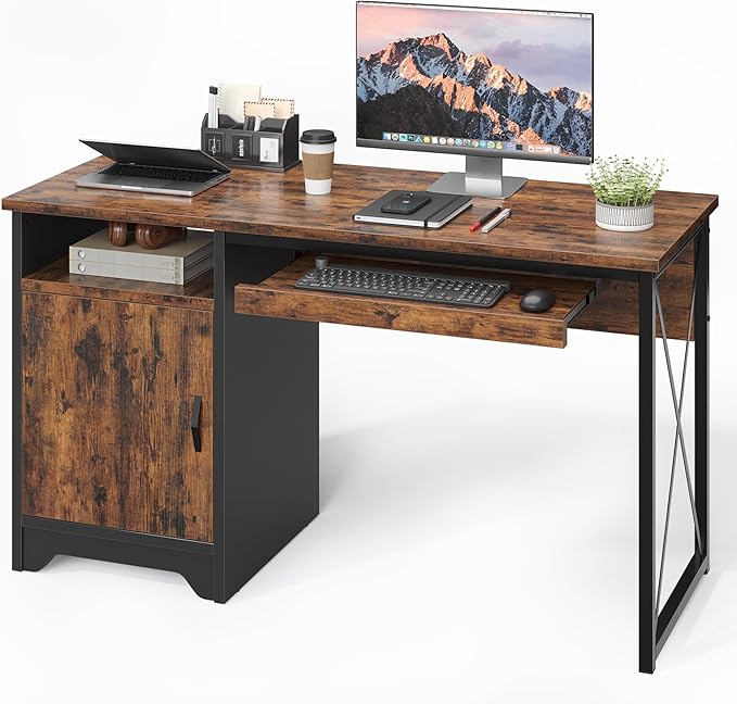 Bestier Office Desk with Keyboard Tray, 47 inch Industrial Computer Desk with Storage, Reversible Executive Desk with File Cabinet for Home Office Bedroom, Rustic Brown