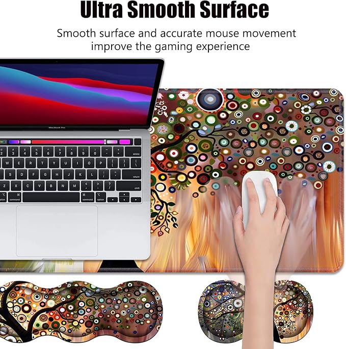 4 in 1 Ergonomic Memory Foam Mouse Pad Wrist Rest Set, Large XXL Gaming Desk Pad + Keyboard Wrist Rest + Mouse Wrist Cushion + Coaster for Home Office Study Gaming, Tree of Life