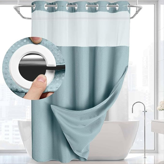 YellyHommy No Hook Shower Curtain with Snap in Liner Set Less Waffle Shower Curtain for Bathroom (Cyan, 81" L x 72" W)