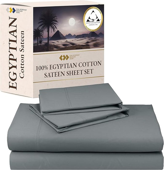 California Design Den Certified Luxury 100% Egyptian Cotton Sheets King Size Bed Set - Soft and Durable Sateen, Deep Pocket King King Size Egyptian Cotton Sheets Set - Grey