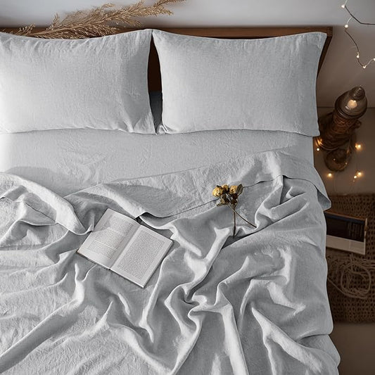 LBRO2M 100% Linen Sheet Set King Size,Bed Sheets 4 Piece Sets, Solid Color Natural Flax Bed Sheets Soft Breathable Bedding,16" Deep Pocket,All Season (King, Grey)