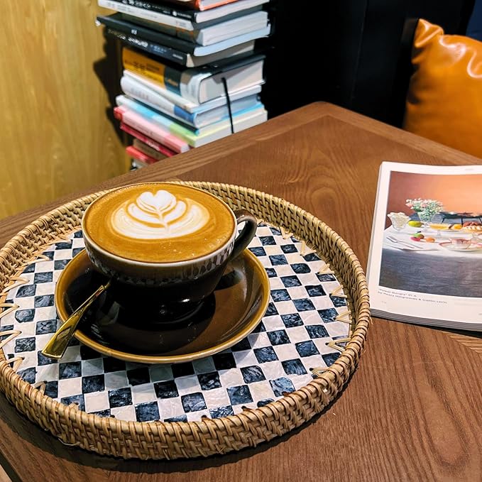14'' Rattan Checkered Tray with Mother of Pearl, Round Coffee Table Tray Decor, Round Wicker Boho Decorative Woven Serving Tray (Checkerboard)
