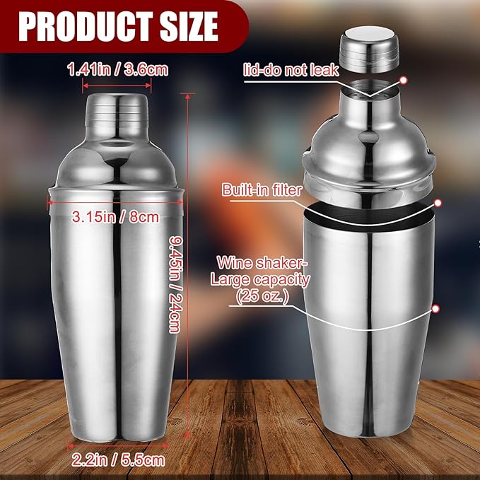 Nitial 9 Pcs Bar Cocktail Shaker Professional Stainless Steel Martini Drink Mixer with Built-in Strainer for Bartending No Leaks Boston Shaker for Bar Party Drink Mixing Tool (25 oz)
