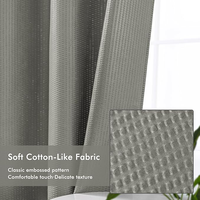 Mrs Awesome No Hook Shower Curtain with Snap-in LinerLess Time On/Off, Embossed Waffle-Look Textured Fabric Shower Curtain for Bathroom, Soft & Lightweight, 71x74, Gray