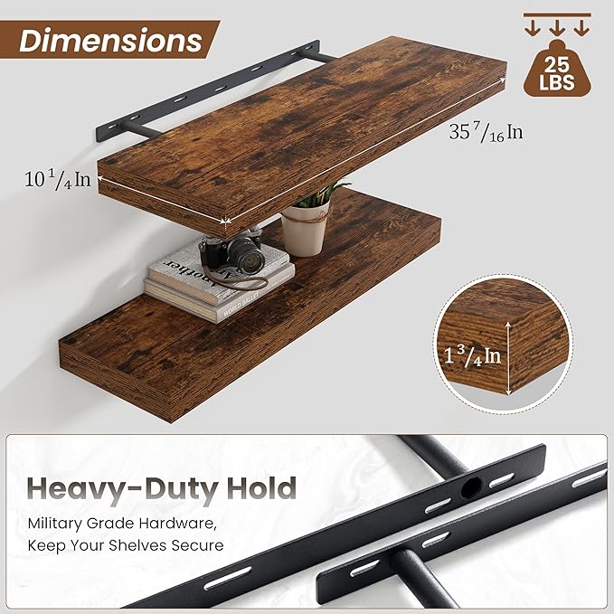 Heimlove 36 Inch Floating Shelves for Wall,10 Inch Deep Brown Wood Shelves with Invisible Brackets,Wall Mounted Storage & Display Shelves for Bedroom,Living Room,Kitchen,Office