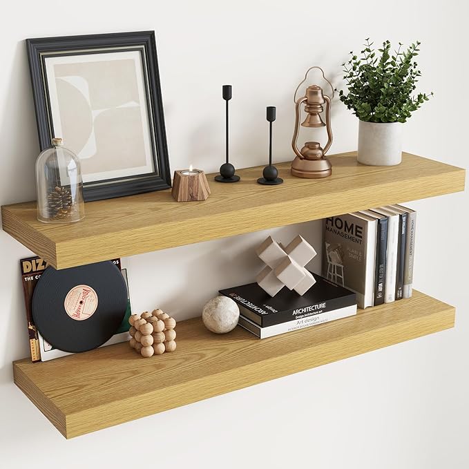Floating Shelves for Wall with Invisible Brackets, Wall Mounted Engineered Wood Shelves with Wood Grain for Living Room, Bedroom, Bathroom, Kitchen Decor and Storage, Oak, 40"L Set of 2, Oak