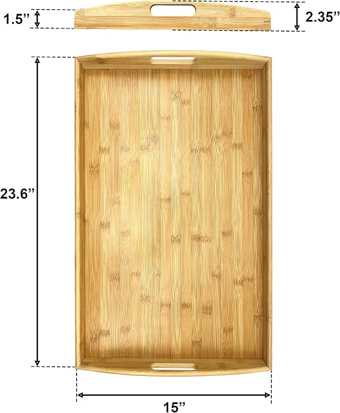 Bam & Boo Natural Bamboo Serving Tray Extra Large Rectangular with Handles for Food, Drinks, Storage, Decor, Vanity, Breakfast, Parties, Weddings, Picnics(23.6” x 15” x 2.35”, Natural)
