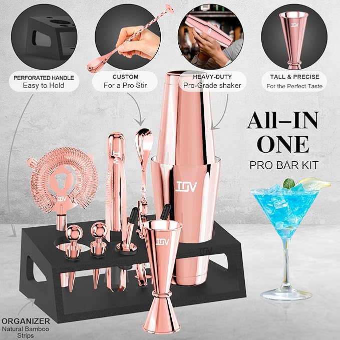IOV Cocktail Shaker Set: 12-Piece Mixology Bartender Kit Bar Set | 18oz & 28oz Boston Shaker Drink Mixing Tools for Home with Recipe Booklet and Stand | Fun Housewarming Gift (Rose Gold)