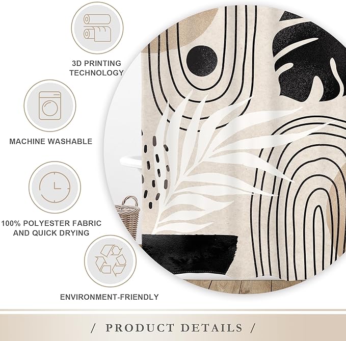 Glawry Boho Black Brown Beige Shower Curtain Modern Mid Century Abstract Tropical Palm Leaf Bathroom Minimalist Geometric Arch 72Wx72L Inches Bath Accessories Art Home Decor Fabric 12 Pack Hooks