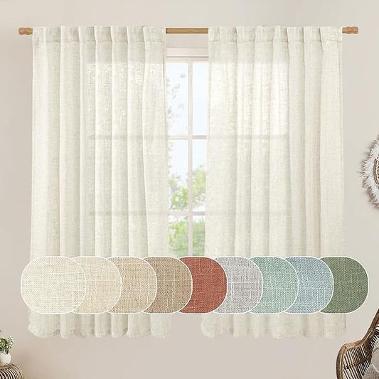 LAMIT 60 Inch Wide Linen Curtains for Bedroom, Ivory Cream Light Filtering Faux Linen Textured Panels Semi Sheer Back Tab and Rod Pocket Boho Drapes for Living Room/Farmhouse, 2 Panels, 60 x 63 Inch