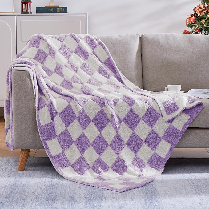 WRENSONGE Checkered Throw Blanket, Purple Soft Cozy Fluffy Warm Hand Made Throw Blankets for Couch, Sofa, Chair, Bed, Camping, Picnic, Travel Lightweight Bed Blanket - 50"*70"