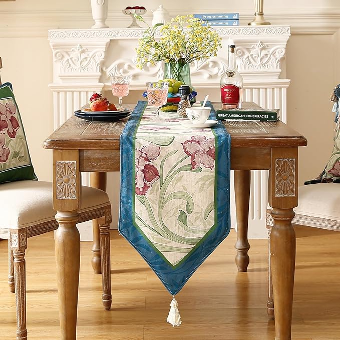 patdrea Designer Elegant Bright Linen Table Runner 102 Inch Long, Mauve Iris Floral Pattern Table Mat, Decoration for Kitchen Dining Table Coffee Table Shelf Cabinet Banquet Christmas ,12"*102"