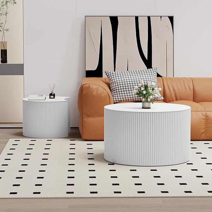 Round Coffee Table Set of 2 Modern Nesting Coffee Tables Wooden Drum Coffee Tables with Non-Slip Feet, Circle Nesting Tables End Table for Living Room Office, No Assembly (Cream 18.9"+14.96")