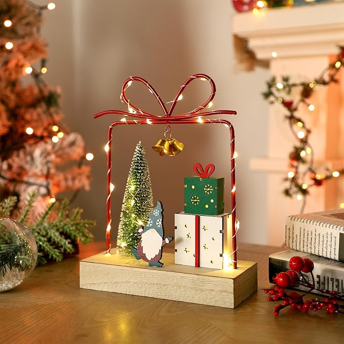 Christmas Tabletop Decoration, Wooden Lighted Christmas Gift Box Decorations, Christmas Giftboxes Santa Ornaments, Battery Operated Christmas Indoor Fireplace Home Table Decorations