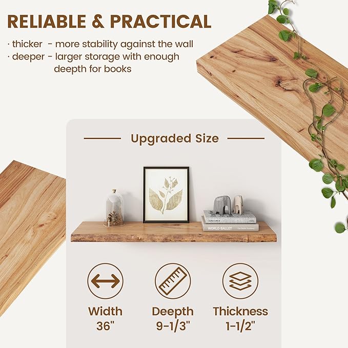 Rustic Elm Wood Floating Shelves for Wall, Live Edge 36"W x 9.2"D x 1.4"H, Set of 2 with Invisible Bracket, Wall Mounted Storage Shelves for Living Room Bedroom Kitchen Bathroom Decor, Natural Finish