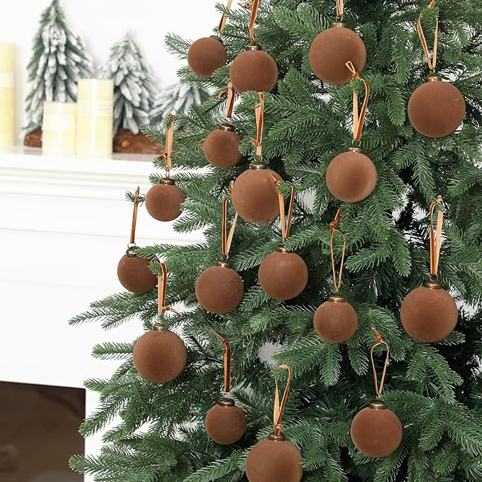 36 Pcs Velvet Christmas Balls Bulk - Flocked Christmas Tree Ball Ornaments Hanging Decoration for Xmas Tree, Wreath, Home or Party Decorations, 2.36", 2.76", 3.15"(Brown)