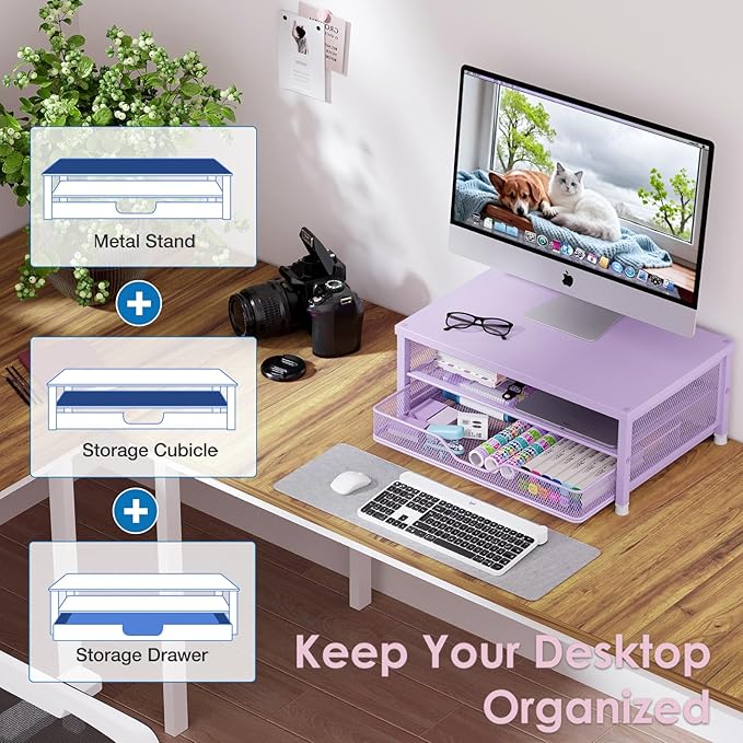 Desk Organizers and Accessories, 2-Tier Computer Monitor Stand Riser with Drawer, Laptop Stand, Office Desk Accessories, Workspace Desktop Organizer for Office Supplies, Purple
