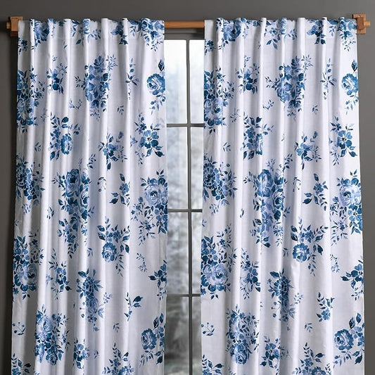 Maison d'Hermine Curtains for Living Room 100% Cotton 124 inch Length Two Panels Window Curtains for Bedroom with Loop & Rod Pockets - Rose Garden - Blue, 50" W x 124" L
