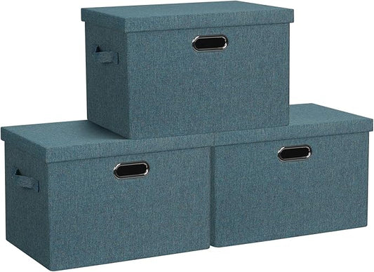 Large 17" 36 Quart Collapsible Stackable Storage Bins with Lids, 3 Packs Blue-Green Linen Fabric Closet Boxes with Lids, Storage Cube Baskets Container Organizers for Bedroom (17x12x11)