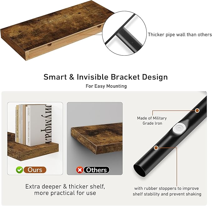 Deep Floating Shelves - 16" W x 9" D x 1.6" H Rustic Brown Wall Shelf - Wall Mounted Shelves for Decor & Storage - Wooden Shelves with Invisible Brackets for Living Room, Kitchen - Set of 2