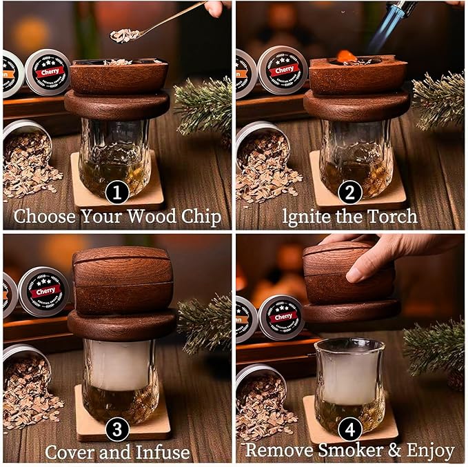 Whiskey Smoker Kit with Torch, with 6 Natural Flavors Wood Chips, Cocktail Smoker Infuser Kit, Old Fashioned Drink Smoker Set, Birthday Bourbon Whiskey Gifts for Men, Dad, Boyfirend(Without Butane)