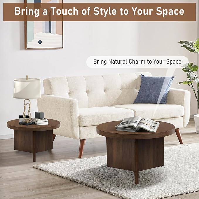 Round Nesting Coffee Tables Set of 2, Modern Stacking Table with Wood Grain Finish, End Table Side Tables for Living Room (Walnut)