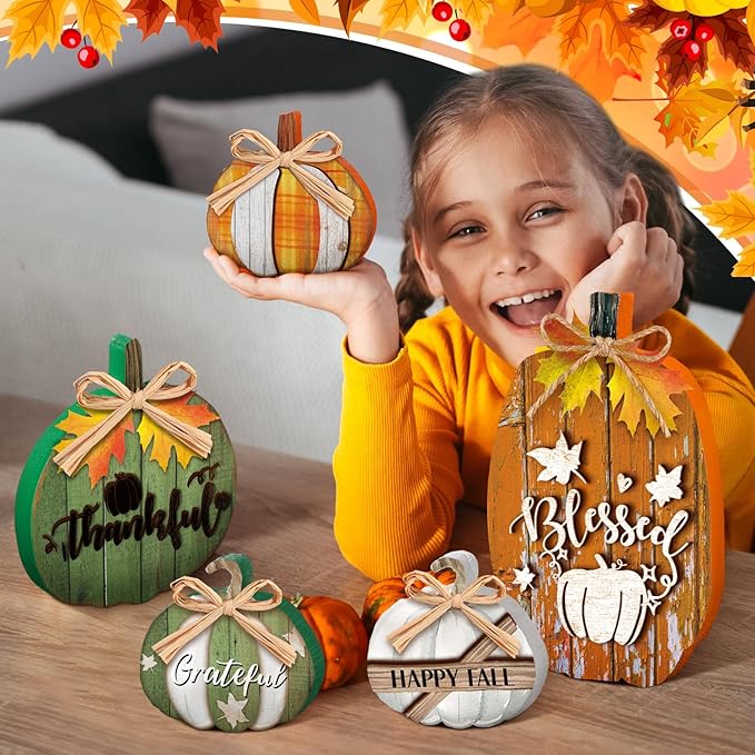 5 Pcs Fall Rustic Pumpkin Decor for Home Thanksgiving Wooden Table Centerpiece Decorations Fall Wooden Pumpkin Signs for Autumn Farmhouse Living Room Kitchen Mantle Tabletop Supplies