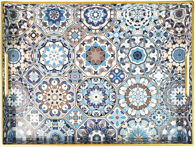 Boho Coffee Table Tray, Decorative Serving Tray with Handles, Large Tray for Ottoman,Coffee Table，Living Room Modern, Blue，