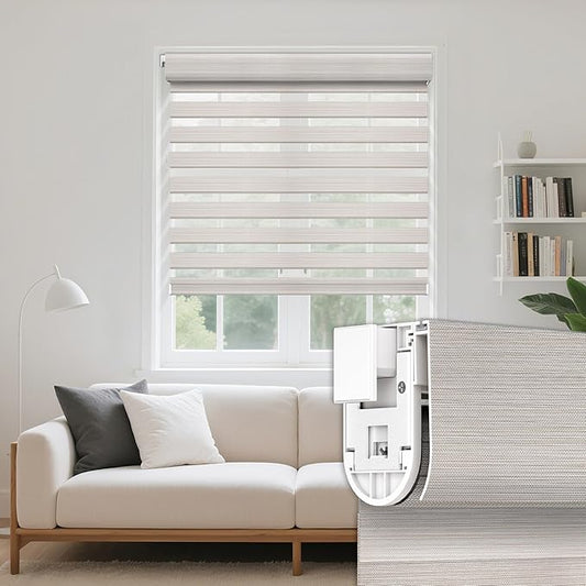 Grandekor No Drill Zebra Blinds for Windows,Cordless Zebra Shades Dual Layer, Pull Down Roller Shades Free-Stop,Custom Sizes,Silky Khaki,Easy to Install for Home, Office, Bedroom