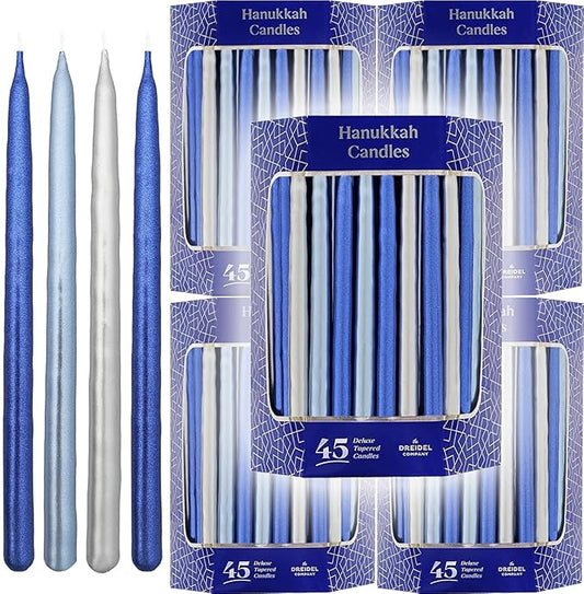 The Dreidel Company 45 Metallic Hanukkah Candles Frosted Premium Tapered Hand Decorated Chanuka Candles (Metallic Blue & Silver) (5-Pack)