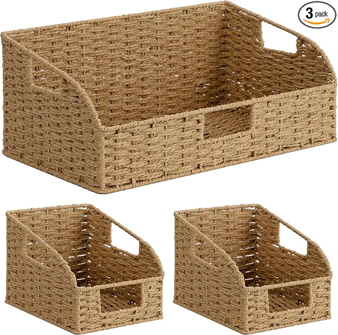 StorageWorks Paper Rope Pantry Storage Baskets, Wicker Baskets with Built-in Handles, Handwoven Shelf Baskets for Organizing, Pantry Organizers and Storage, Natural, 3 Pack