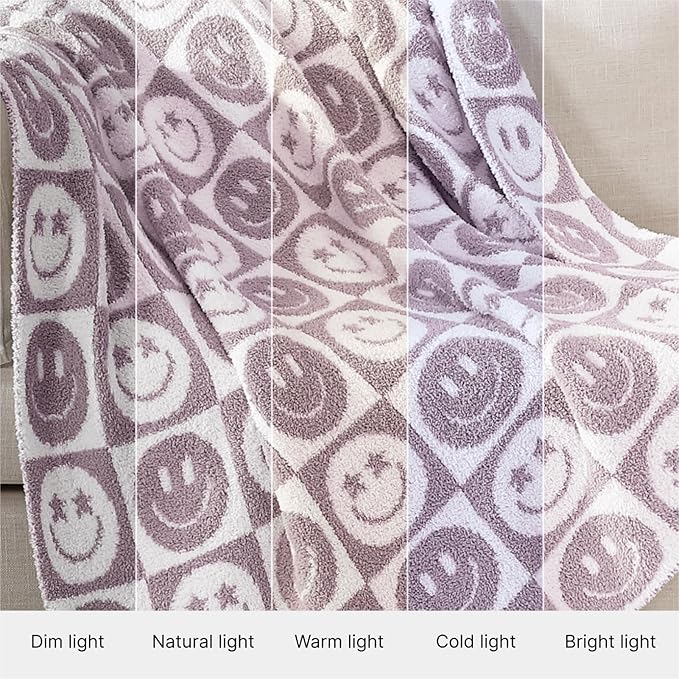 WRENSONGE Checkered Throw Blanket Lilac Smiling Face Soft Cozy Fluffy Warm Hand Made Throw Blankets for Couch, Sofa, Chair, Bed, Camping, Picnic, Travel Lightweight Bed Blanket - 50"*60"