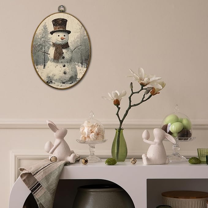 QZQE Vintage Christmas Snowman Oval Wall Art Decor Framed, Winter Christmas Oval Canvas Prints, Rustic Farmhouse Winter Xmas Snowman Wall Hanging Decor for Home Bedroom Living Room, 8.6x11.4 Inch