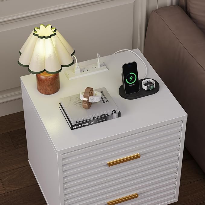 Alohappy Night Stand with Charging Station, Bedside Table with 2 Drawers, Mid Century Modern End Table, Bed Side Table with USB Ports and Outlets, Nightstand for Bedroom, White 1pc
