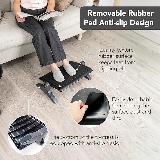 EHO Ottoman, Ergonomic Foot Rest for Under Desk, Adjustable Height and Angle, Rubber Platform, Anti-Slip, Ankle Support, Detachable Washable Cushion, Back and Leg Pain Relief, 21.6"L x 11.4"W, Black