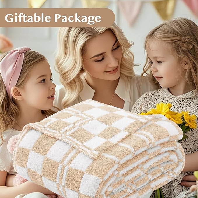 WRENSONGE Checkered Throw Blanket, Toast Almond Soft Cozy Fluffy Warm Hand Made Throw Blankets for Couch, Sofa, Chair, Bed, Camping, Picnic, Travel Lightweight Bed Blanket - 50"*60"