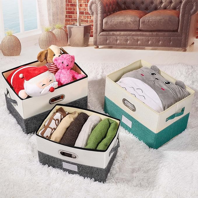 Large Linen Fabric Foldable Storage Bins with Removable Lid and Handles, Washable Storage Box Organizer Containers Baskets Cube with Cover for Bedroom,Office (Turquoise&Cream, Large(2-Pack))
