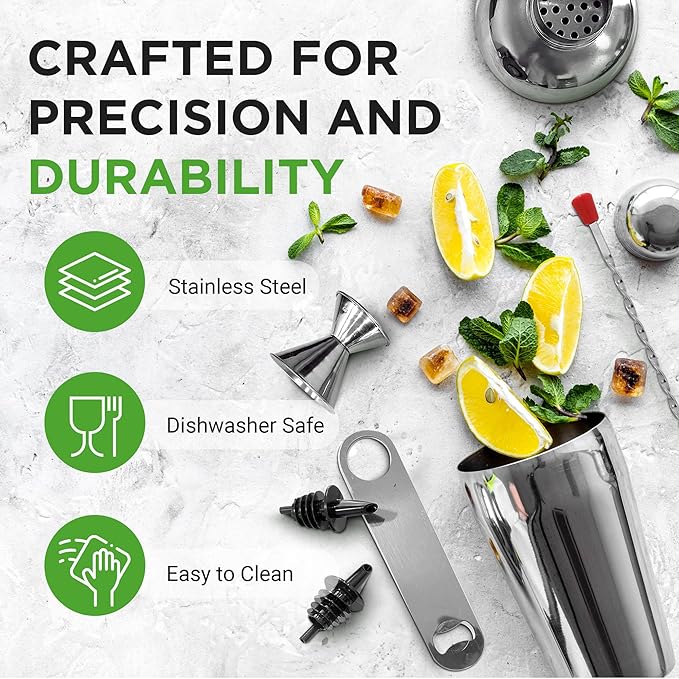 NutriChef Bartender Set 7 Piece - Includes Cocktail Shaker Mixer, Essential Bar Accessories, 2 Bottle Pourers, Bar Mixer Spoon, Jigger & 50 Recipe Booklet - Essential Martini Making Kit - Drink Mixing