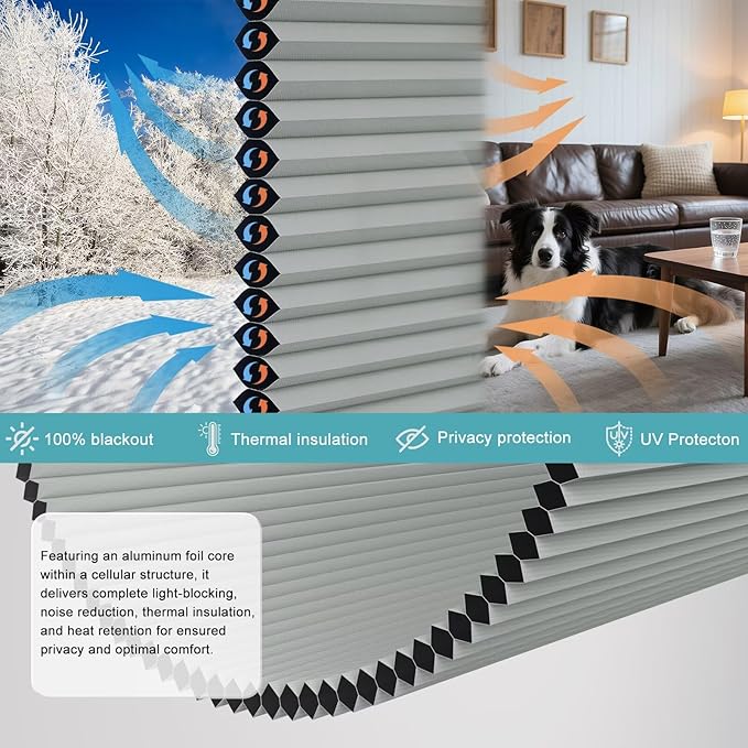 MYshade Top Down Bottom Up（TDBU） Cellular Shades, 1.5 inch Cordless Blackout Honeycomb Pleated Blinds for Windows Home Bedroom Office, Light Control, Thermal Insulated, 29" W x 72" H, Gray