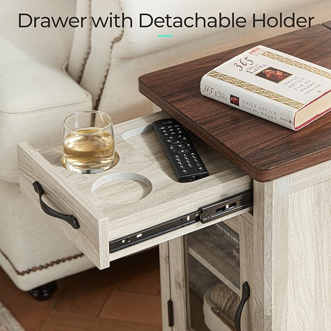 LINSY HOME Farmhouse End Table with Charging Station, Narrow Side Table for Living Room, Sofa Side Table with Drawer and Storage Cabinet, Small Nightstand for Home Office