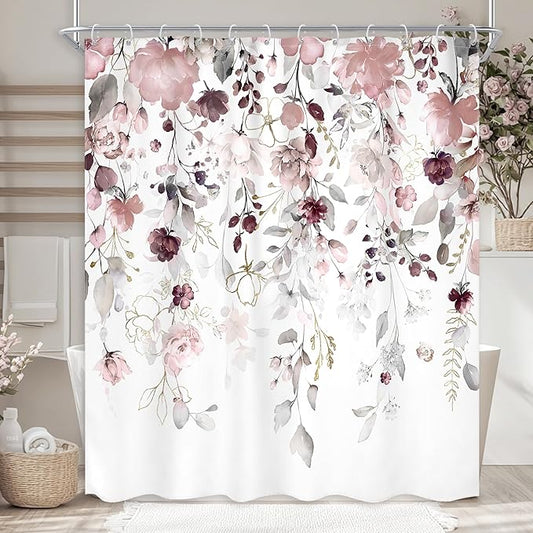 Floral Flower Shower Curtain 60Wx72L Inch Grey Pink Floral Blossom Eucalyptus Leaves Botanical Watercolor Wildflower Plant Girls Bathroom Set Rustic Bath Curtain Bathtub Accessories Home Decor